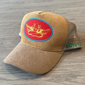 Boys Lie Tan Trucker Hat with Red and Yellow Embroidery